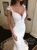 Deep V Neck Scoop Sleeves Backless Mermaid Wedding Dress with Shaped Train AWD1767-SheerGirl