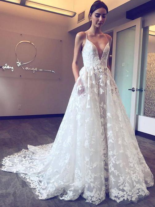 Sexy Deep V Neck Wedding Dresses with Court Train Lace Appliques