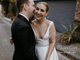 Deep V Neckline A Line Pleated Ball Gown with High Slit Satin Wedding Dress AWD1761-SheerGirl