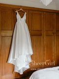 Deep V Neckline A Line Pleated Ball Gown with High Slit Satin Wedding Dress AWD1761-SheerGirl