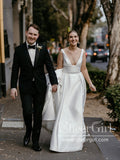 Deep V Neckline A Line Pleated Ball Gown with High Slit Satin Wedding Dress AWD1761-SheerGirl