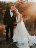 Deep V Neckline A Line Sweep Train Simple Satin Wedding Dress AWD1742-SheerGirl