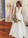 Deep V Neckline A Line Sweep Train Simple Satin Wedding Dress AWD1742-SheerGirl