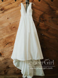 Deep V Neckline A Line Sweep Train Simple Satin Wedding Dress AWD1742-SheerGirl