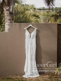 Deep V Neckline Geometrical Pattern Sequins Mermaid Wedding Dress with Detachable Tulle Train AWD1750-SheerGirl