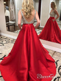 Deep V-neck Beaded Red Satin Prom Dresses with Pocket,Long Formal Pageant Dresses APD3184-SheerGirl