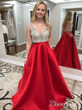 Deep V-neck Beaded Red Satin Prom Dresses with Pocket,Long Formal Pageant Dresses APD3184-SheerGirl