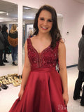 Deep V-neck Beaded Red Satin Prom Dresses with Pocket,Long Formal Pageant Dresses APD3184-SheerGirl