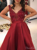 Deep V-neck Beaded Red Satin Prom Dresses with Pocket,Long Formal Pageant Dresses APD3184-SheerGirl