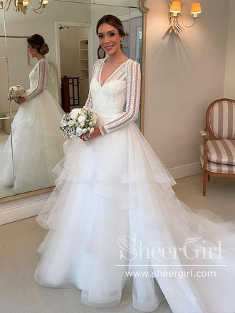 Champagne Lace & Tulle Mermaid Wedding Dresses with Cape Sleeve AWD1442