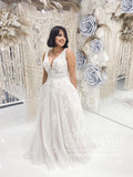 Detachable Puff Sleeves Deep V Neck A Line Lace Wedding Dress AWD1792-SheerGirl