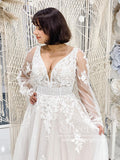 Detachable Puff Sleeves Deep V Neck A Line Lace Wedding Dress AWD1792-SheerGirl