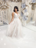 Detachable Puff Sleeves Deep V Neck A Line Lace Wedding Dress AWD1792-SheerGirl