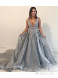 Dusty Blue Sexy Prom Dresses Deep V Neck Beaded Sequin Plus Size Prom Dresses AWD1052-SheerGirl