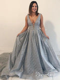 Dusty Blue Sexy Prom Dresses Deep V Neck Beaded Sequin Plus Size Prom Dresses AWD1052-SheerGirl