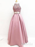 Dusty Rose Satin High Neck Beaded Top Two Piece Long Prom Dresses APD3348-SheerGirl