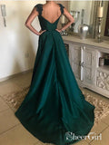 Elegant Beaded Peacock Green Evening Dress V Neck Long Satin Prom Dresses ARD1429-SheerGirl