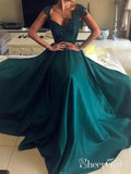 Elegant Beaded Peacock Green Evening Dress V Neck Long Satin Prom Dresses ARD1429-SheerGirl