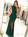 Emerald Green Sequin Open Back Mermaid Prom Dresses with Slit APD2172-SheerGirl