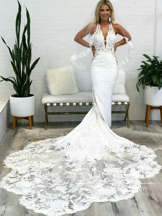 Champagne Lace & Tulle Mermaid Wedding Dresses with Cape Sleeve AWD1442