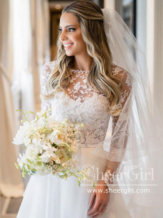 Sheer 3/4 Sleeves Floral Applique Blush Wedding Dress – HER SHOP