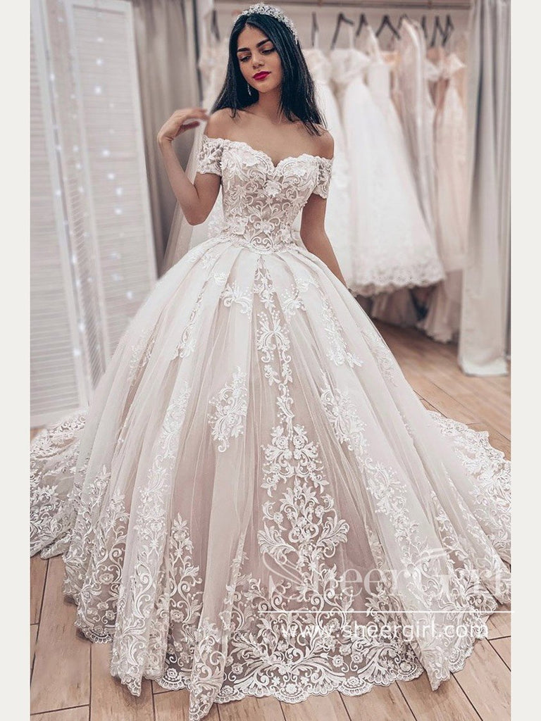 Floral Lace Princess A-line Wedding Dress with Sleeves Ball Gown Brida –  SheerGirl
