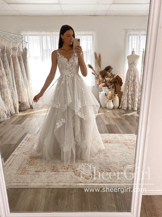 Tiered Tulle Bridal Ball Gown with Lace Bodice Wedding Dress AWD1834 –  SheerGirl