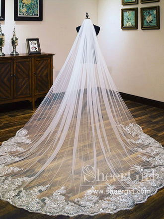 Ombre Pink Floral Lace Ivory Cathedral Veil with Blusher Bridal