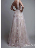 Floral Tulle Lace Nude Long Prom Dresses Sexy V Neck Prom Dress ARD1946-SheerGirl