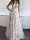 Floral Tulle Lace Nude Long Prom Dresses Sexy V Neck Prom Dress ARD1946-SheerGirl