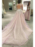 Flower Appliqued Light Pink Wedding Dresses with Chapel Train apd1781-SheerGirl