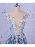 Flower Appliuqed Beaded Dusty Blue Prom Dresses Illusion Tulle Formal Dresses ARD1001-SheerGirl