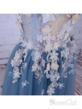 Flower Appliuqed Beaded Dusty Blue Prom Dresses Illusion Tulle Formal Dresses ARD1001-SheerGirl