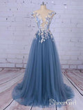 Flower Appliuqed Beaded Dusty Blue Prom Dresses Illusion Tulle Formal Dresses ARD1001-SheerGirl