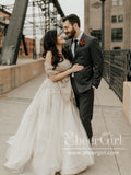 Flowy Boho Tulle Bridal Gown with Floral Lace Rhinestone Details Sweep Train Wedding Dress AWD1794-SheerGirl