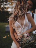 Flowy Boho Tulle Bridal Gown with Vine Lace Feather Details Sweep Train Wedding Dress AWD1771-SheerGirl