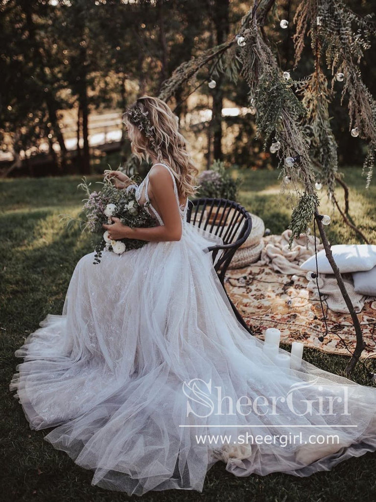 Flowy Boho Tulle Bridal Gown with Vine Lace Feather Details Sweep Trai –  SheerGirl