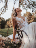 Flowy Boho Tulle Bridal Gown with Vine Lace Feather Details Sweep Train Wedding Dress AWD1771-SheerGirl