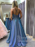Luuvis Women Glitter Light Blue Spaghetti Straps Zipper Back Long Beaded  Prom Dress
