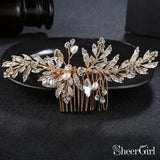 Gold Bridal Comb & Hairpins with Crystals and Metal Leaves ACC1160-SheerGirl