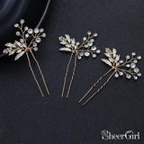 Gold Bridal Comb & Hairpins with Crystals and Metal Leaves ACC1160-SheerGirl