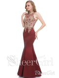 Gold Lace Applique Burgundy Satin Mermaid Prom Dresses APD3116-SheerGirl