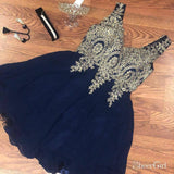 Gold Lace Applique Homecoming Dresses Navy Blue Short Chiffon Prom Dress ARD1708-SheerGirl