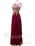 Gold Lace Appliqued Burgundy Chiffon Illusion Prom Dresses APD3117-SheerGirl