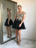 Gold Lace Appliqued Homecoming Dresses Black Tulle Short Prom Dresses ARD1367-SheerGirl