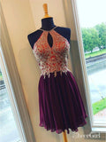 Gold Lace Purple Homecoming Dresses A Line Backless Black Short Prom Dresses APD2648-SheerGirl