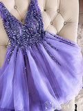 Grey Rhinestone Beaded Homecoming Dresses V Neck Tulle Short Prom Dress ARD1745-SheerGirl