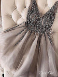 Grey Rhinestone Beaded Homecoming Dresses V Neck Tulle Short Prom Dress ARD1745-SheerGirl