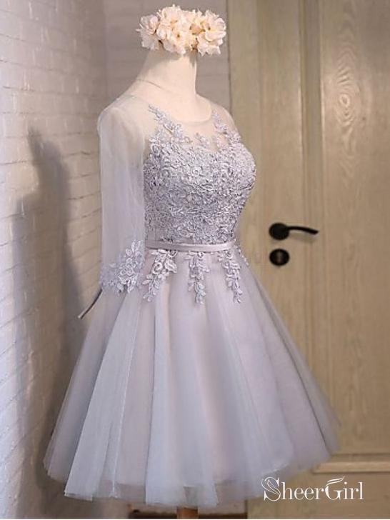 Half Sleeve Short Homecoming Dresses Grey Lace Applique Cheap ...