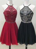 Halter Beaded Short Burgundy Homecoming Dresses Backless Black Hoco Dress ARD1372-SheerGirl